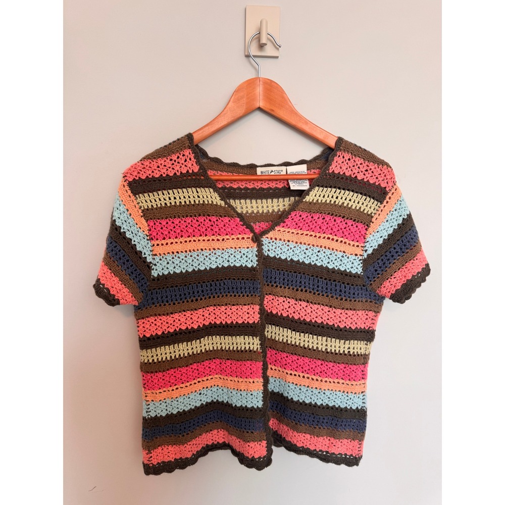 WHITE STAG | Crochet Cardigan Women M Multicolor Striped Boho Knit Top Vintage